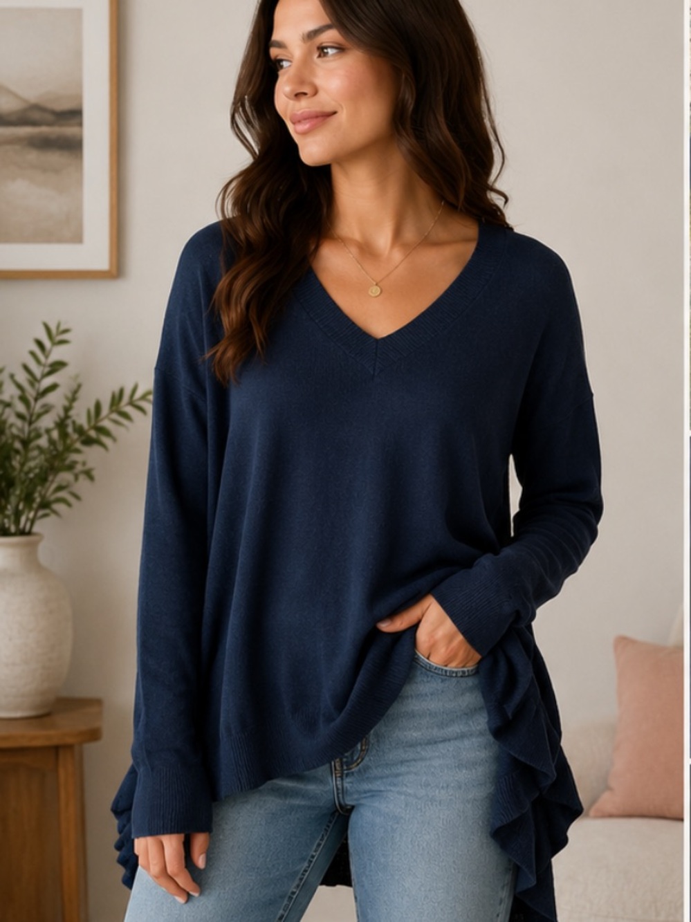 Anthropologie Moth Navy V Neck High Low Sweater Women’s Wool Blend Oversized